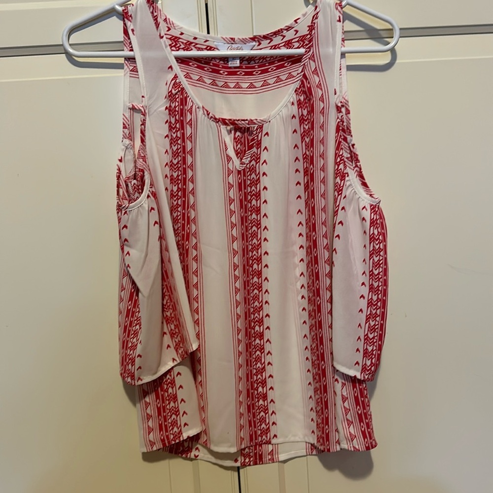 White and red cut out blouse